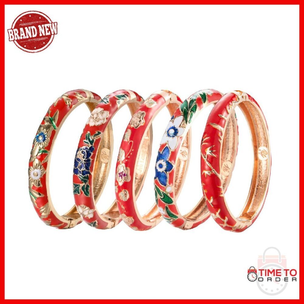 5-Piece Alloy Enamel Bangle Set with Rose Flower Engraving, Gift Box